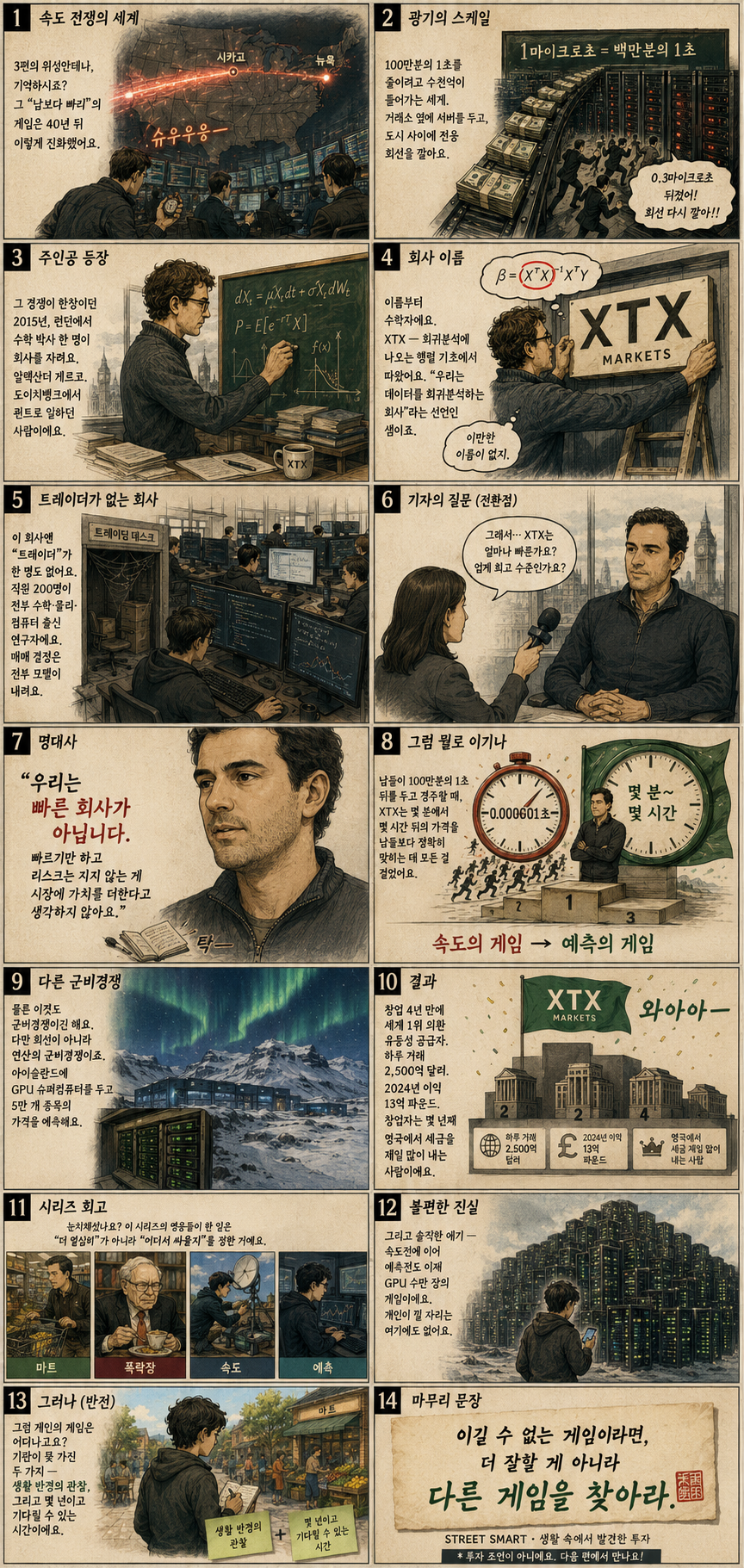 제일 빠른 회사가 되기를 거부한 회사 — 14컷 만화. 속도 전쟁의 세계에서 예측의 게임을 선택한 XTX와 게르코 이야기